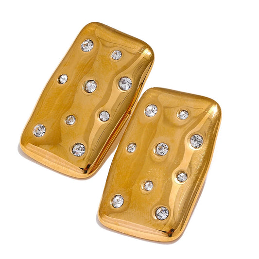 A pair of gold rectangular earrings with rounded corners, featuring a textured surface and set with small clear rhinestones, stainless steel, waterproof