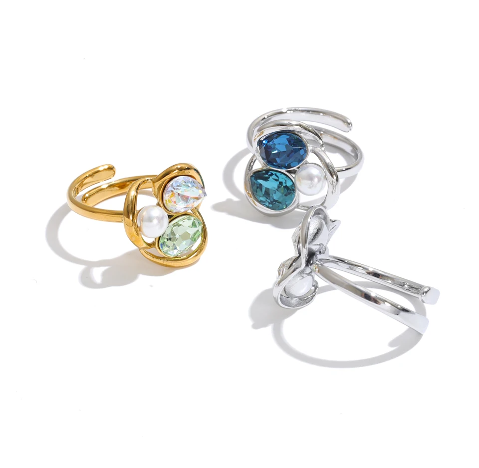 Keisha Ring – sculptural open-band ring with crystals and a faux pearl. Three colourways in silver or gold-tone. Adjustable, tarnish-free.