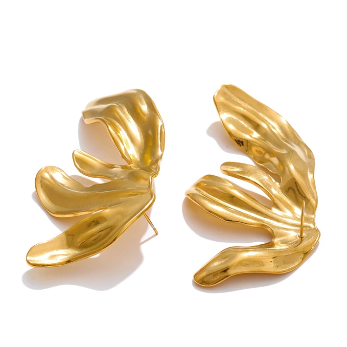 Two abstract sculptural gold earrings. stainless steel waterproof