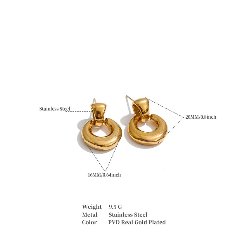 Gold-tone ring-shaped drop earrings on a white background with measurement callouts, weight info, and material details printed below.