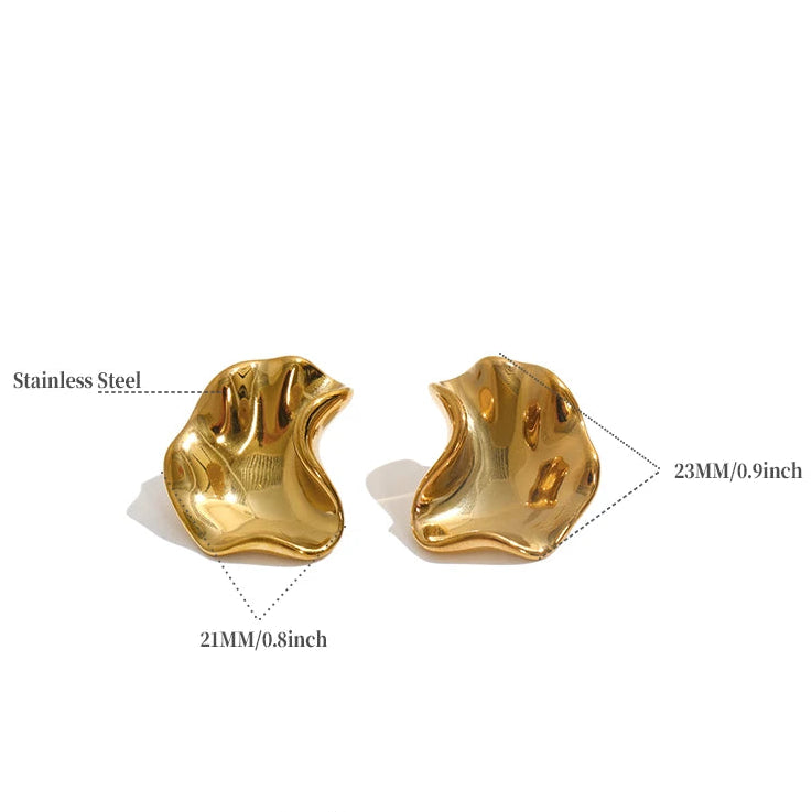 Two gold-toned abstract sculptural earrings shown on a white background with measurement callouts, text noting stainless steel and 21mm/23mm dimensions, plus a small weight and material info block below.