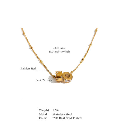 Gold-plated stainless steel necklace with a cubic zirconia pendant, shown on a white background with text detailing its dimensions, weight, and material.