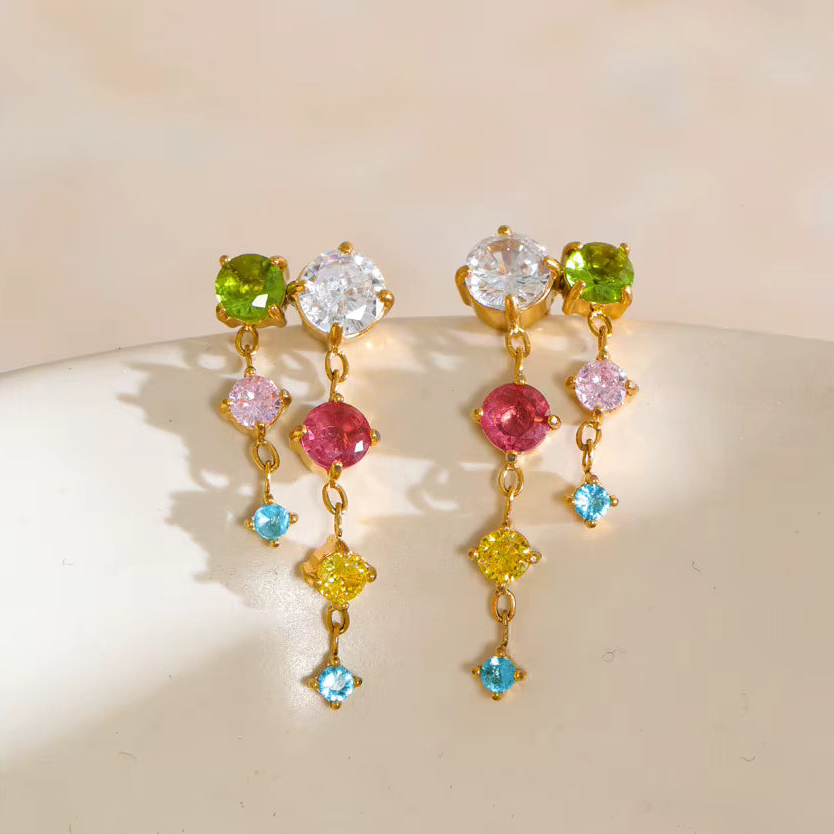 Tyla Earrings – cascading zircon drop earrings in multicolour or clear. Tarnish-free stainless steel, silver or gold-tone. Lightweight sparkle.